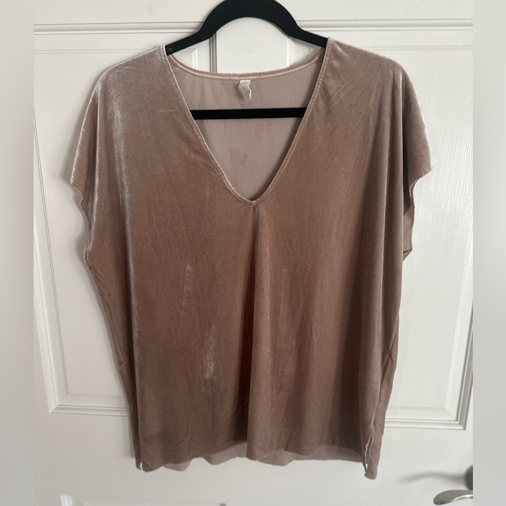 Gentle Fawn Shimmering velvet Tan Blouse. Small Chest 38” L25” vneck
